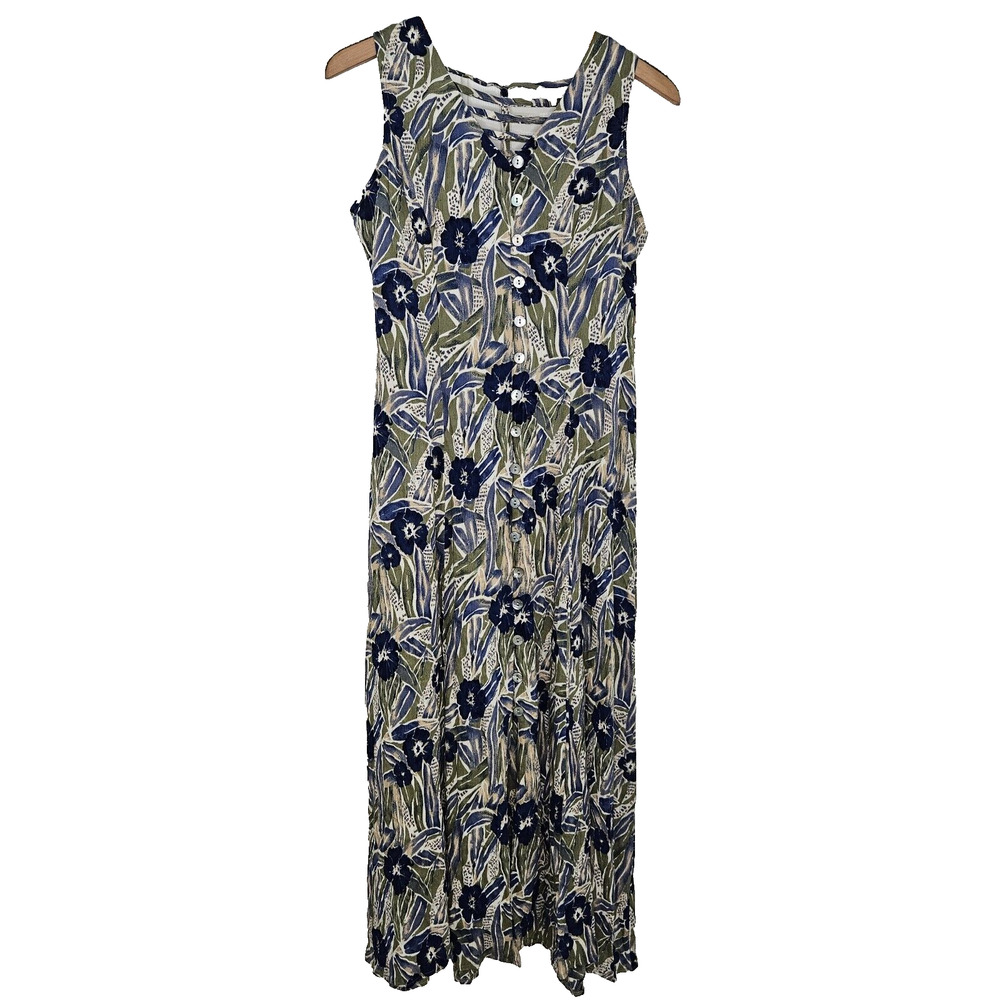 Vintage Dress Barn Hawaiian Dressโ Button Up Long Womens 8 Blue Green Floral 90s